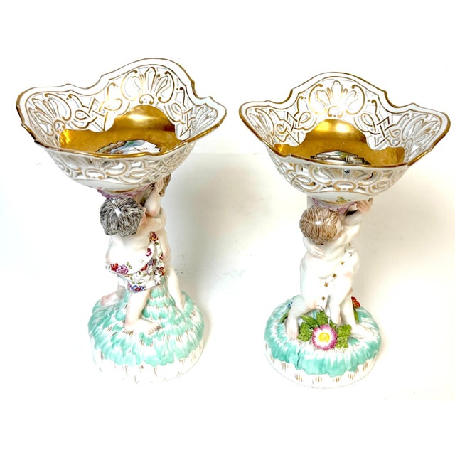 Pair KPM Berlin Rococo Revival Porcelain Figural Tazza, Reticulated Gilt Bowls For Sale - Image 10 of 18