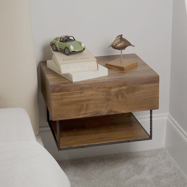 Contemporary Floating Nightstand With Drawer, Solid Walnut Wall Mounted Bedside Table, Narrow Minimalist Bedroom Nightstand For Sale - Image 3 of 10