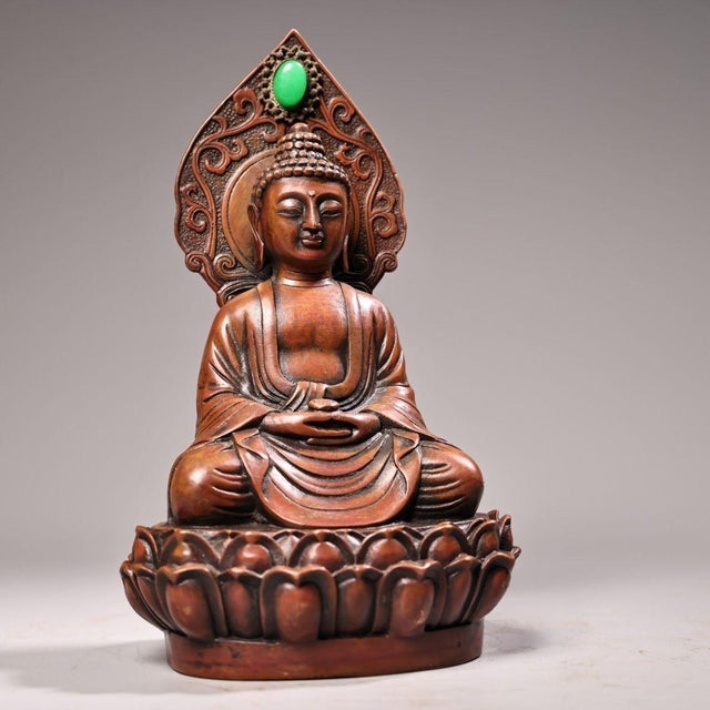 Copper Shakyamuni Buddha Statue With Inlaid Gemstone For Sale - Image 9 of 10