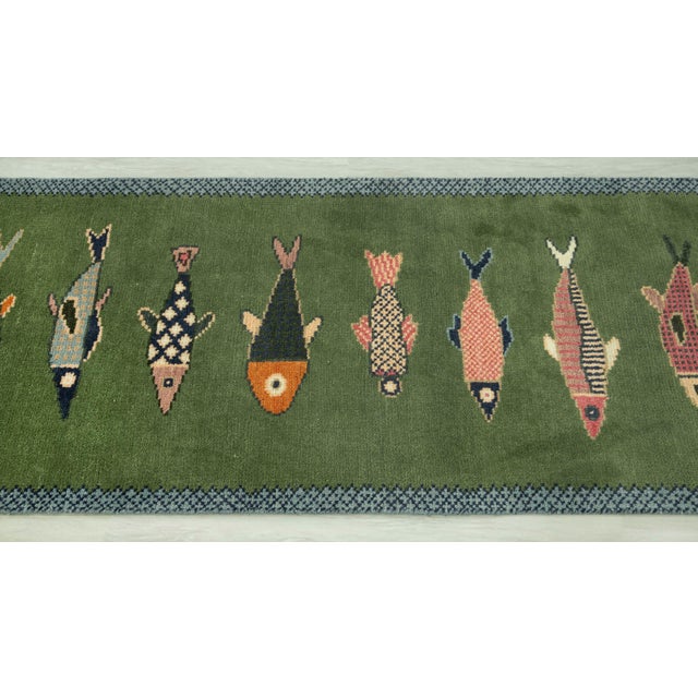Koi Fish Olive Green Hand Knotted Runner Rug 2.6x6Ft. For Sale - Image 9 of 18