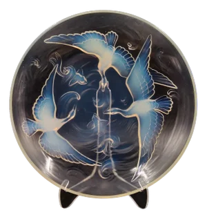 Art Deco Opalescent Glass Bowl with Wild Geese, Fish and Waves by Verlys, France, 1930s