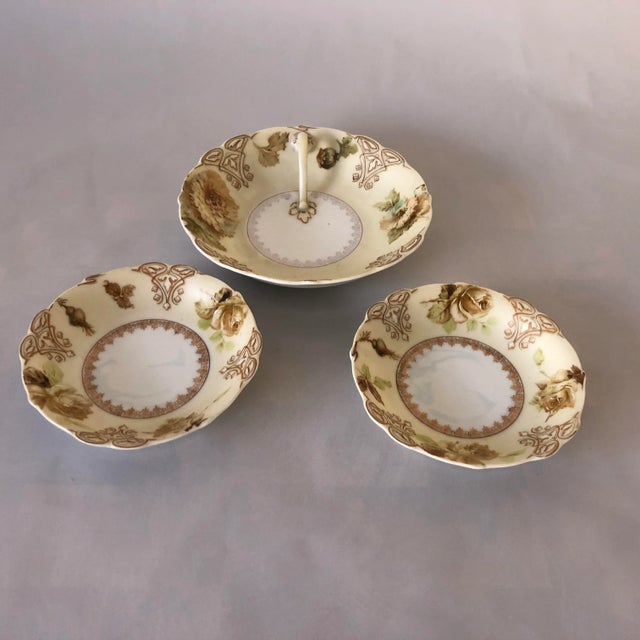 Ceramic Antique Art Nouveau Silesia "Old Ivory" Pattern Handled Lemon Plate & Berry Bowls Set- 3 Pieces For Sale - Image 7 of 7