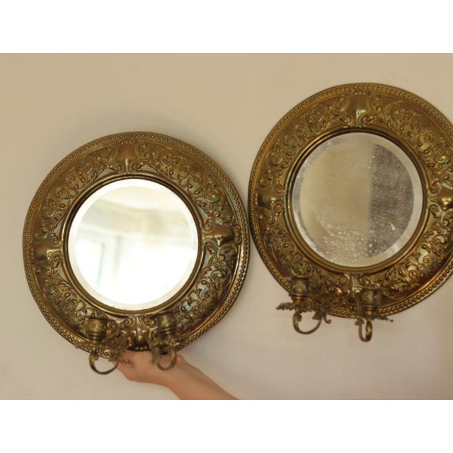 Made and Sourced from Sweden Classic candle wall sconces with mirrors, heavy brass design with beautiful detail. In good...
