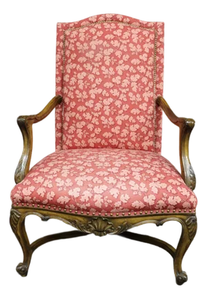 French Louis XV Style Open Armchair With Carved Wood Frame Time Period: