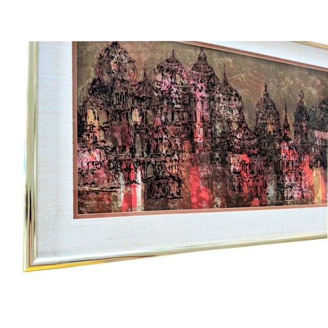 1960s Buddhist Temple Citiscape Gold Silk Screen Print For Sale - Image 5 of 11