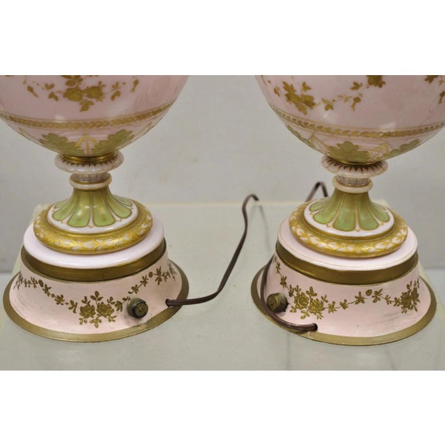 Antique French Louis XV Pink Porcelain Gold Painted Bulbous Table Lamps - A Pair For Sale - Image 10 of 12