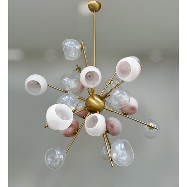 Italian modern sputnik chandelier with twenty four Murano glass shades hand blown in organically squashed shape, mounted...