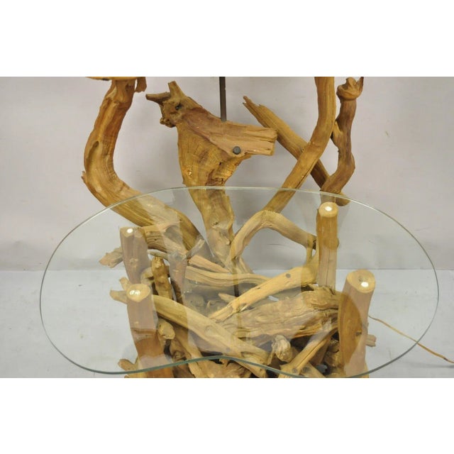 Vintage Mid Century Modern Driftwood Floor Lamp Side Table With Kidney Glass For Sale In Philadelphia - Image 6 of 13
