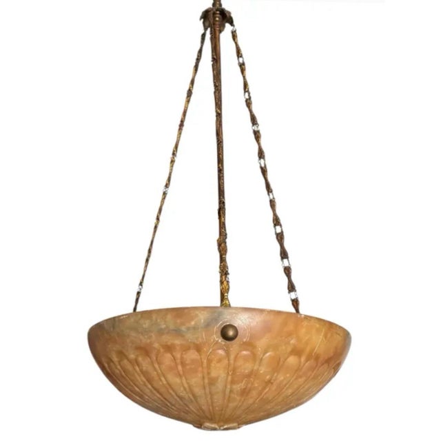 French Antique Alabaster Marble Pendant Light Fixture Chandelier For Sale - Image 3 of 5
