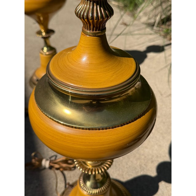 Hollywood Regency 1970s Stiffel Torch Table Lamps, Brass and Enamel- A Pair For Sale - Image 3 of 12