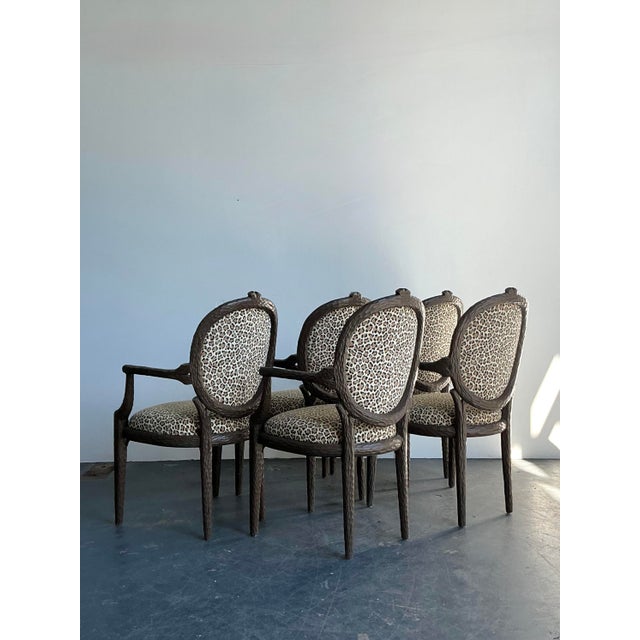 Wood Vintage Boho Faux Bois Leopard Dining Chairs - Set of 5 For Sale - Image 7 of 12