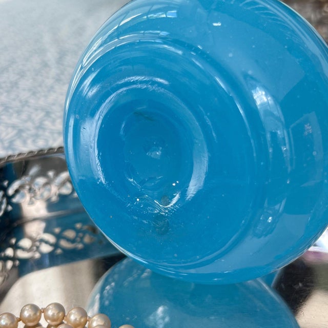 Glass Beautiful pair of antique French blue opaline glass decanters with stoppers // large perfume / scent bottles // vanity decor // boudoir For Sale - Image 7 of 9