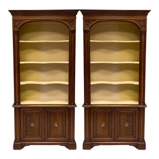 Mid-Century English Style Carved Fruitwood and Burl Bookcases / Cabinets, Pair For Sale
