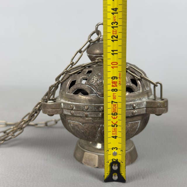 Antique Handcrafted Embossed Brass Thurible Sacred Censer, Early 1900s For Sale - Image 11 of 12