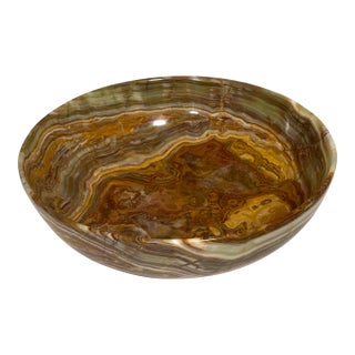 Vintage Afghanistan Banded Calcite Bowl 14” Green & White Onyx Stone Collection MCM For Sale
