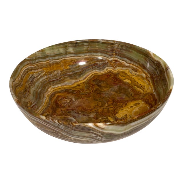 Vintage Afghanistan Banded Calcite Bowl 14” Green & White Onyx Stone Collection MCM For Sale