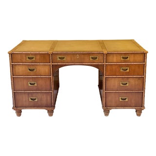 1970s Campaign Style Faux Bamboo Pine Desk With For Sale