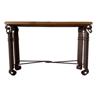 Vintage Mexican Primitive - Style Hand-Forged Brutalist Metal and Pine Wood Console Table For Sale