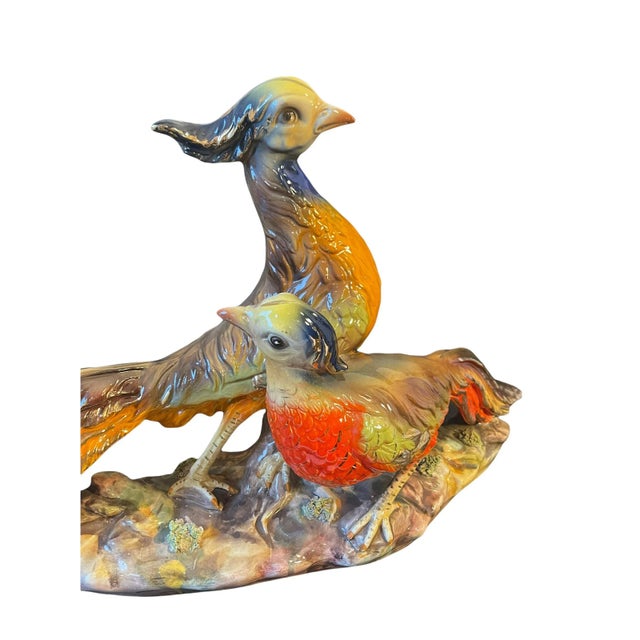 Vintage Large Italian Colorful Glazed Porcelain Pheasant Couple Sculpture For Sale - Image 4 of 13