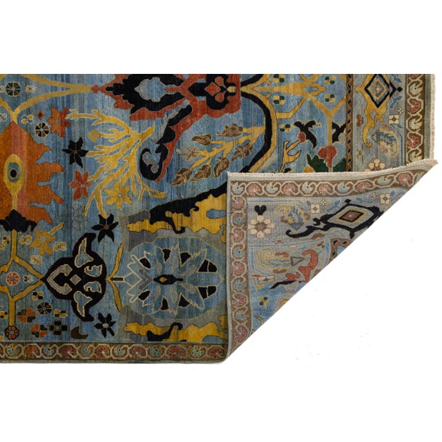 Modern Modern Blue and Gold Bidjar Style Hand-Knotted Wool Rug With Palmette Motifs For Sale - Image 3 of 11