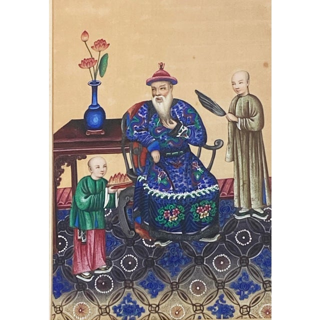 This exceptional early 19th-century Chinese Export pith painting features a seated emperor with dragon robe accompanied by...