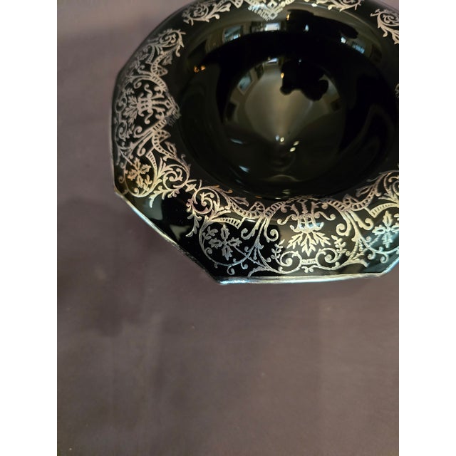 Art Deco Mid 20th Century Black Footed Bowl With Silver Floral Overlay For Sale - Image 3 of 7