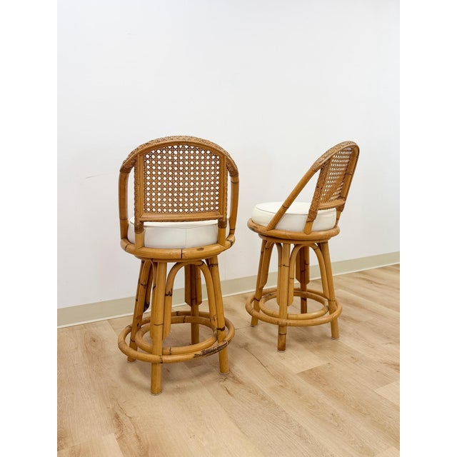 Vintage Coastal Hollywood Regency Caned Rattan Swivel Barstools Counter Height For Sale - Image 11 of 13