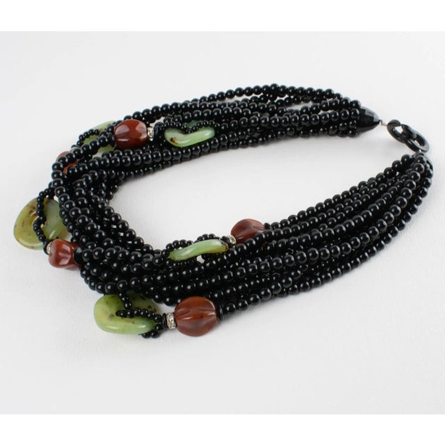 1990s Angela Caputi Black Necklace with Jade and Carnelian Resin Beads For Sale - Image 5 of 8