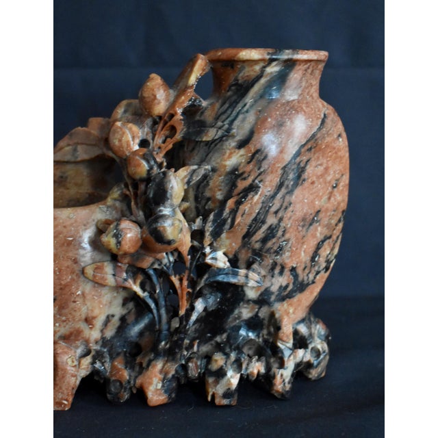 1930s Antique Chinese Carved Soapstone Double Vase Floral Sculpture Pot Red Black For Sale - Image 5 of 14