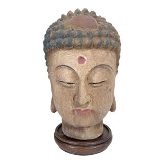 Vintage Asian Carved Wood Gautama Buddha Head 9" H W/Stand For Sale