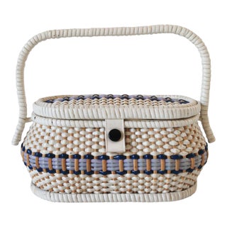 Vintage Woven Wicker Sewing Basket W/ Handle For Sale