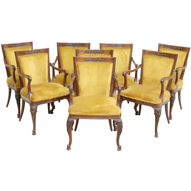 Late 20th Century Vintage Continental Carved Mahogany Yellow Velvet Armchairs, Set of 8 For Sale - Image 10 of 15