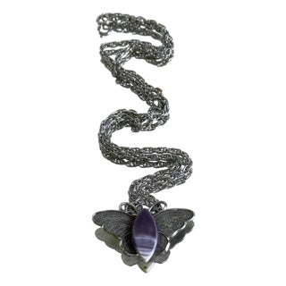 Vintage 1970s Silver Tone Butterfly Pendant Necklace With Purple Banded Agate Cabochon For Sale