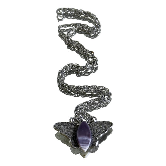 Vintage 1970s Silver Tone Butterfly Pendant Necklace With Purple Banded Agate Cabochon For Sale