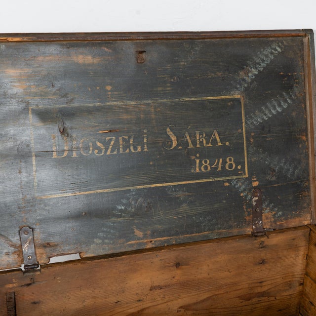 Hungarian Carved Pine Flat Top Trunk Dated 1848 For Sale - Image 9 of 15