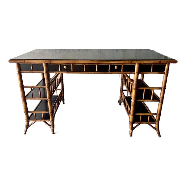 Vintage Coastal Bamboo and Black Lacquer Desk by Milling Road for Baker For Sale