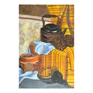 Vintage Expressionist Still Life With Kettle and Pinecones, Oil on Canvas