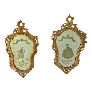 Pair of 18th Century Venetian Giltwood Rococo Etched Glass Mirrors For Sale