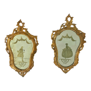 Pair of 18th Century Venetian Giltwood Rococo Etched Glass Mirrors