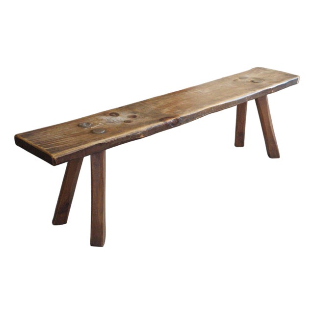 European Brutalist Style Rustic Pine Bench For Sale