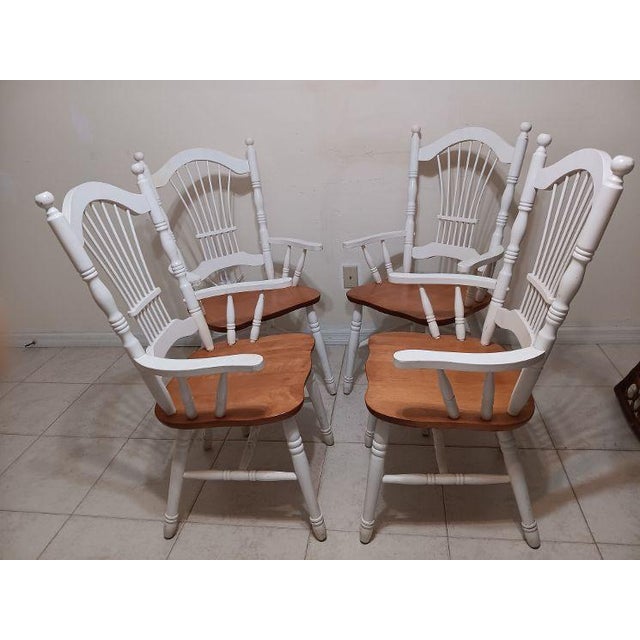 Vintage Ethan Allen Style White Painted Windsor Style Armchair Stained Wood Seats Set 4 For Sale In Naples, FL - Image 6 of 8