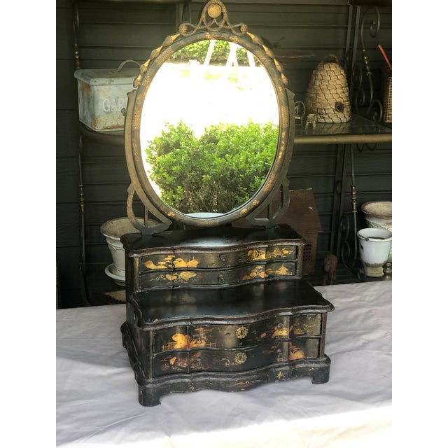19th Century Black Lacquer Toilet Swing Mirror With Chinese Motif Detailed Painting For Sale - Image 4 of 5