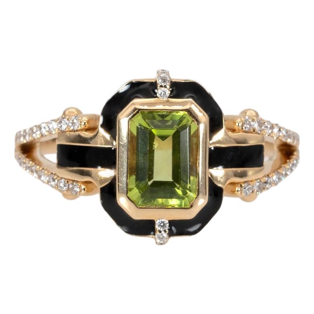 1Ct Peridot Ring With Natural Diamond Accents: Solid 14k Gold, Emerald Cut, Size 6.75 For Sale