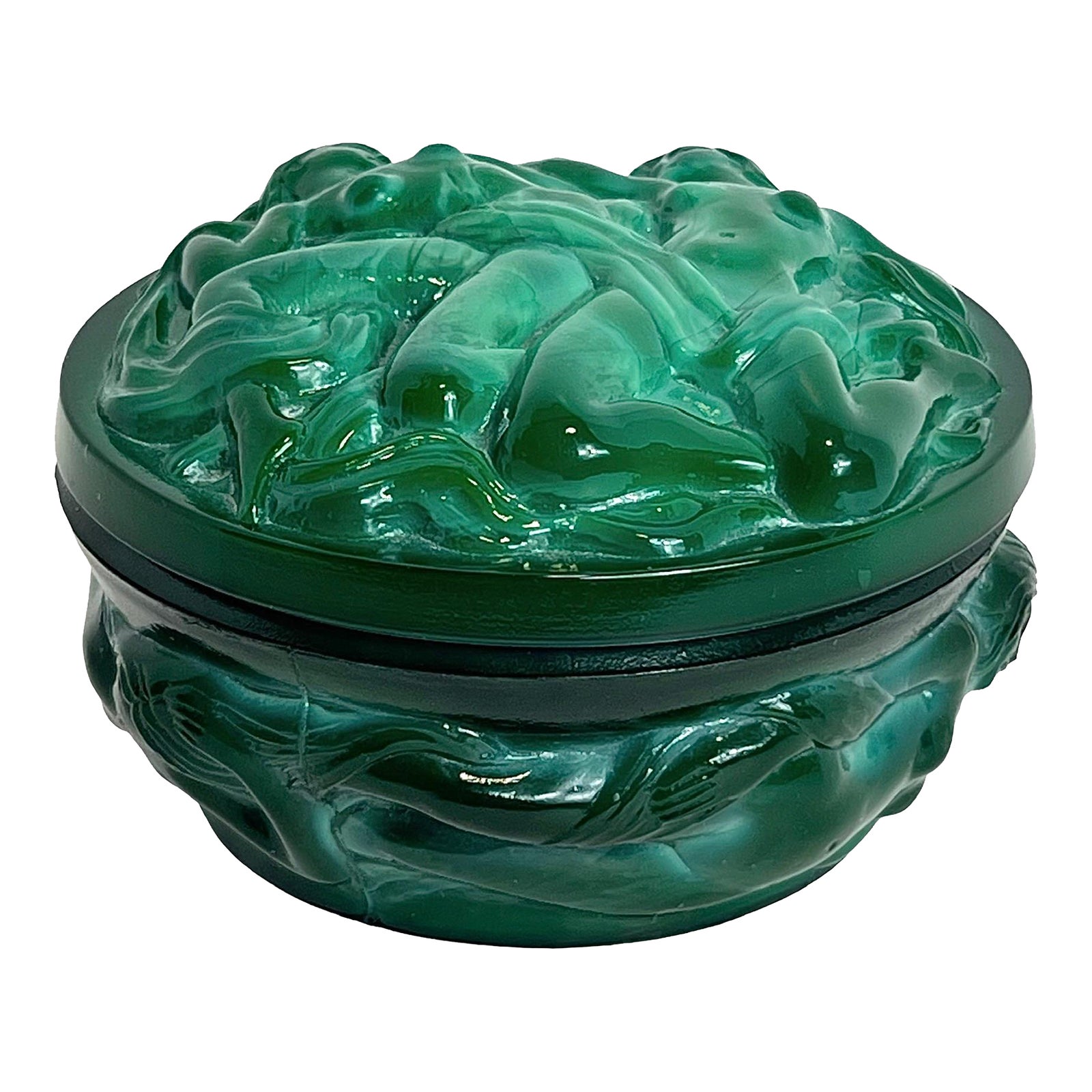Vintage 1940s Malachite Jade Green Glass Dresser Box By Ingrid Heinrich