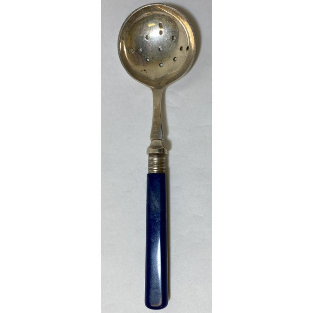 Navy Blue Vintage 3 Piece Silver Plated Fish Fork, Tea Strainer & Bread Fork Set With Navy Blue Plastic /Celluloid Handles From England For Sale - Image 8 of 13