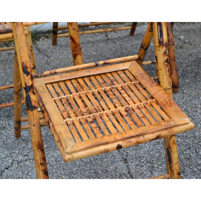 1970s Set of 11 Burnt Tiger Bamboo Folding Side, Dining Chairs Bohemian Chic For Sale - Image 10 of 16