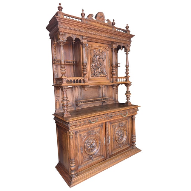 Monumental antique French Renaissance Revival huntsman buffet, featuring heavily carved details throughout and a high-...