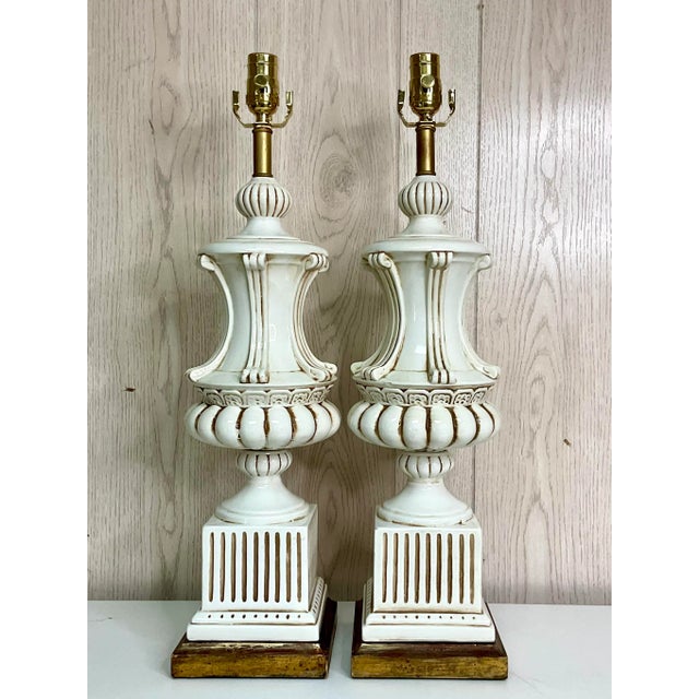 Vintage Italian Neoclassical Glazed Ceramic Urn Table Lamps – A Pair For Sale - Image 4 of 12