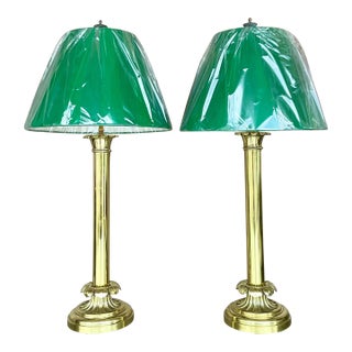 Vintage Regency Polished Brass Candlestick Lamps With Billiard Green Shades-A Pr For Sale