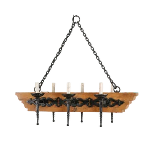 French Vintage Six-Light Wood and Ornate Iron Chandelier With Torch Style Arms